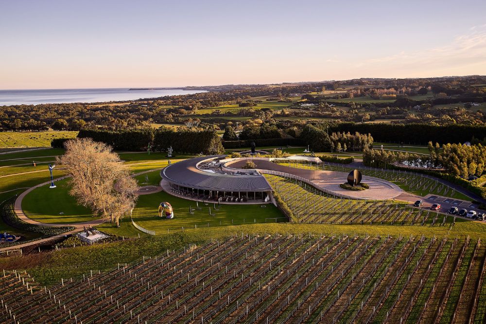 An aerial view of a winery. The front is lined with vineyards, with the half circle building in the centre, and ocean views in the distance. The grounds are dotted with sculptures.