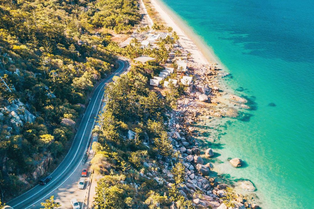 A road with trees and rocks on either side. With the vast ocean on one side. The water is clear and blue