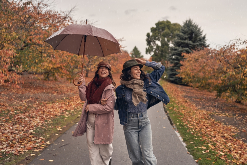 Two people walk along a path lined with colourful autumn trees. One person holds an umbrella above