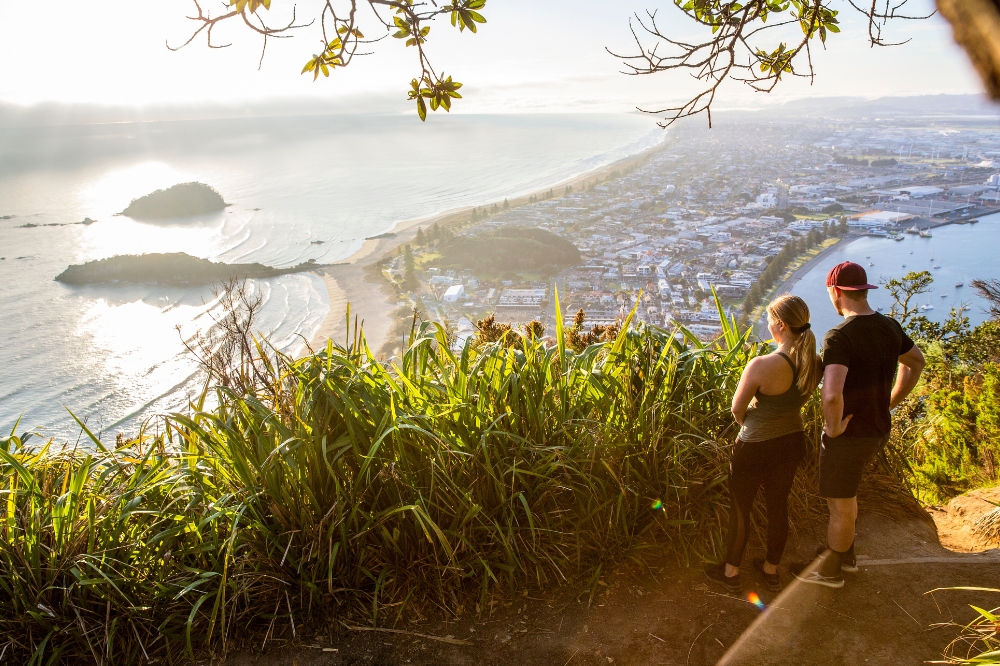 Two people look down from the top of a mountain at the ocean and town below.